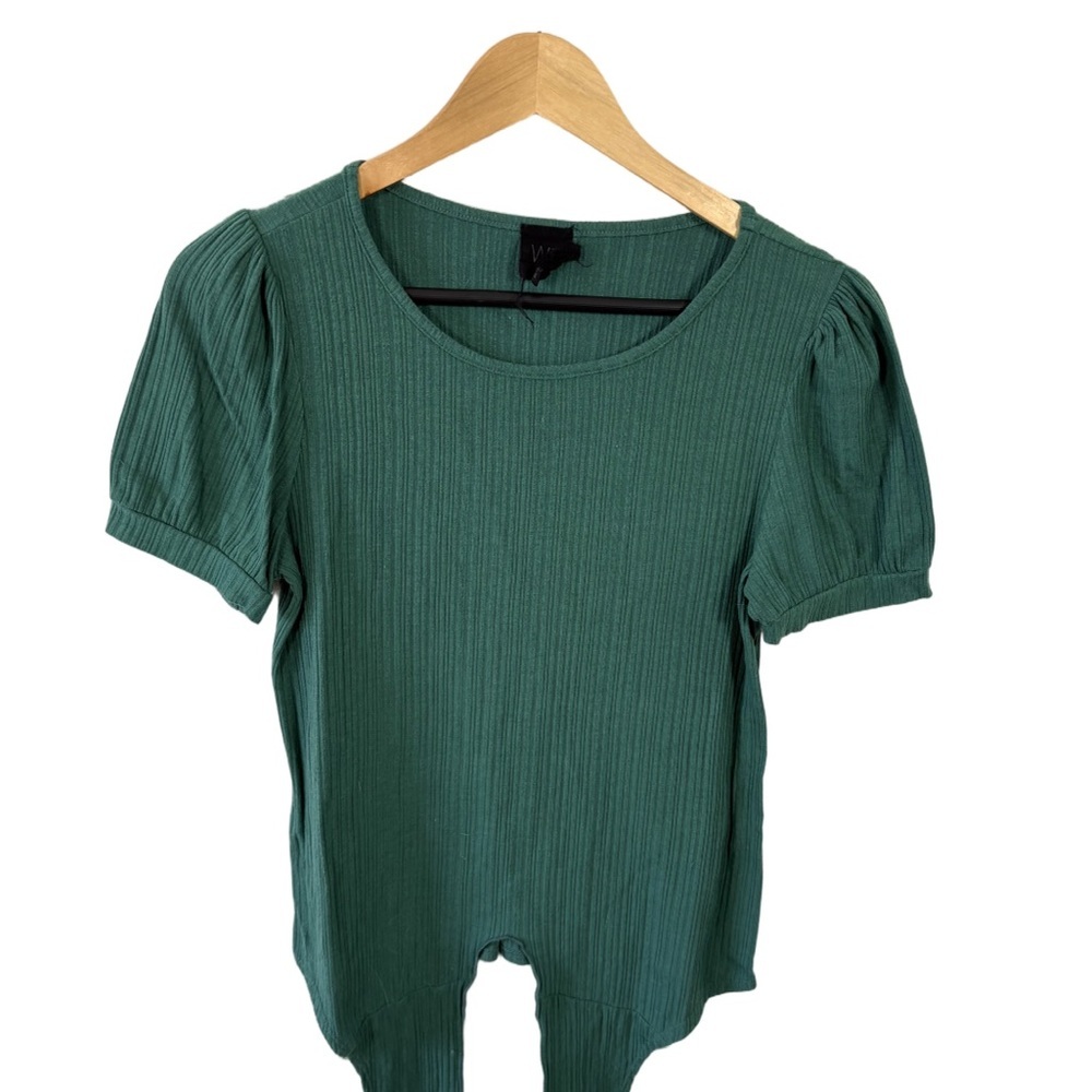 W5 Green Ribbed Puff Sleeve Top Handkerchief Hem Size S